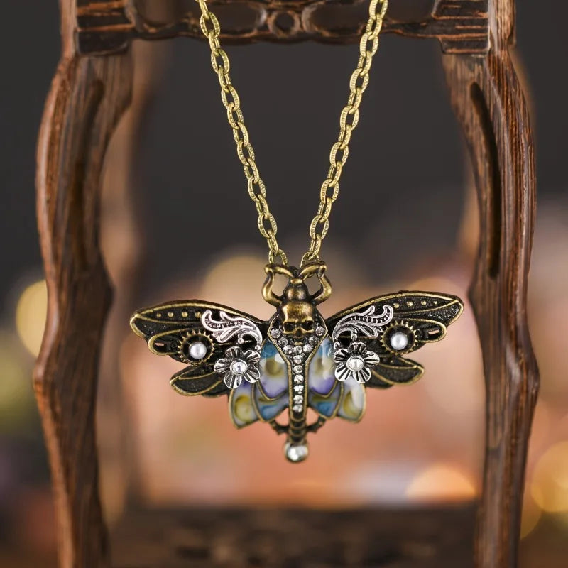 Vintage Boho Moth Pendant Necklace with Skull - Gift for Women, Daily Wear