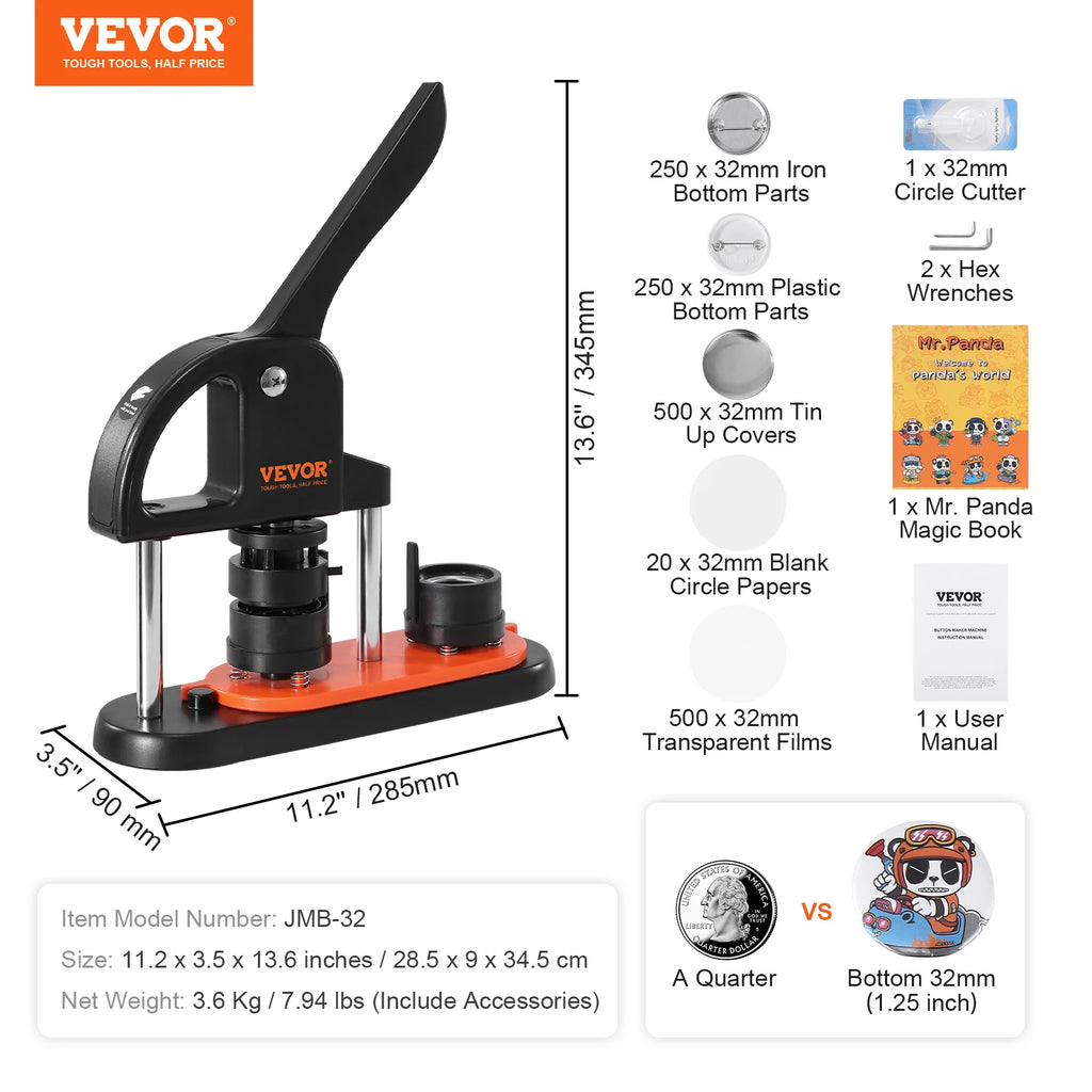 Button Maker Kit with 25/32/58 Pin Press and Ergonomic Handle - Craft & DIY Badge Maker