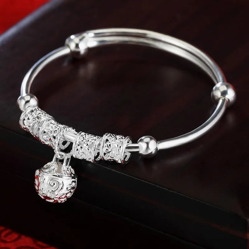 Silver Hollow Bell Ball Bangles for Women Adjustable Jewelry Holiday Gifts
