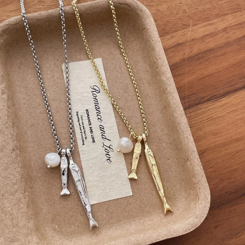 Charm Metallic Fish Pendant Necklace for Women with Pearl Accent, Gold & Silver Options
