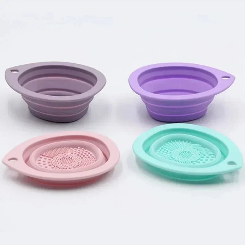 Silicone Foldable Makeup Brush Cleaner Bowl with Soft Mat for Brushes & Sponges