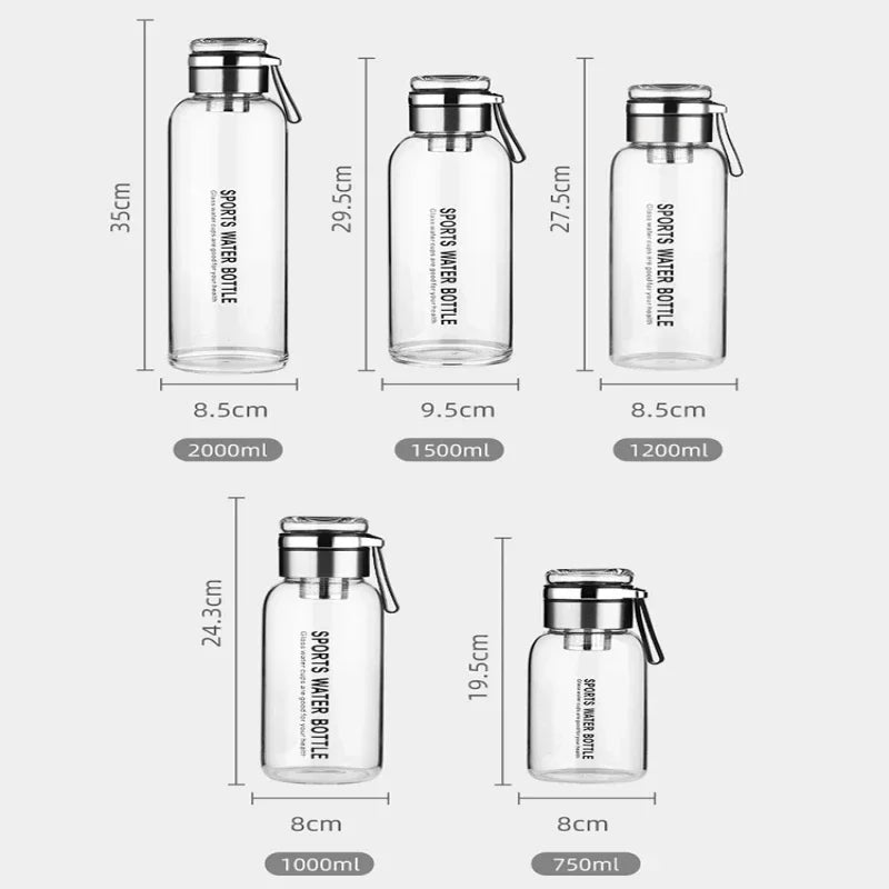 Large Capacity Glass Water Bottle with Leakproof Lid and Insulated Sleeve - Multiple Colors