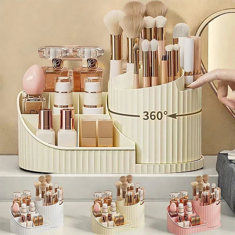 360° Rotating Makeup Organizer with Brush Holder - Large Cosmetic Storage for Skincare Perfumes & Lotions