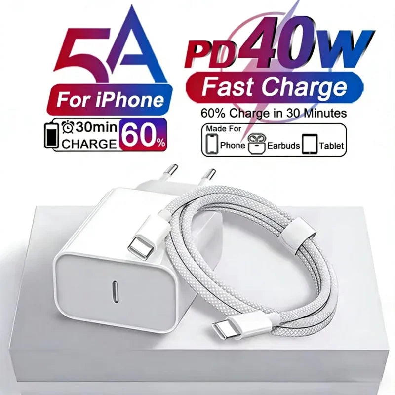 PD 40W USB C Fast Charger & Data Cable for iPhone 17 16 15 Pro Max Air Mini