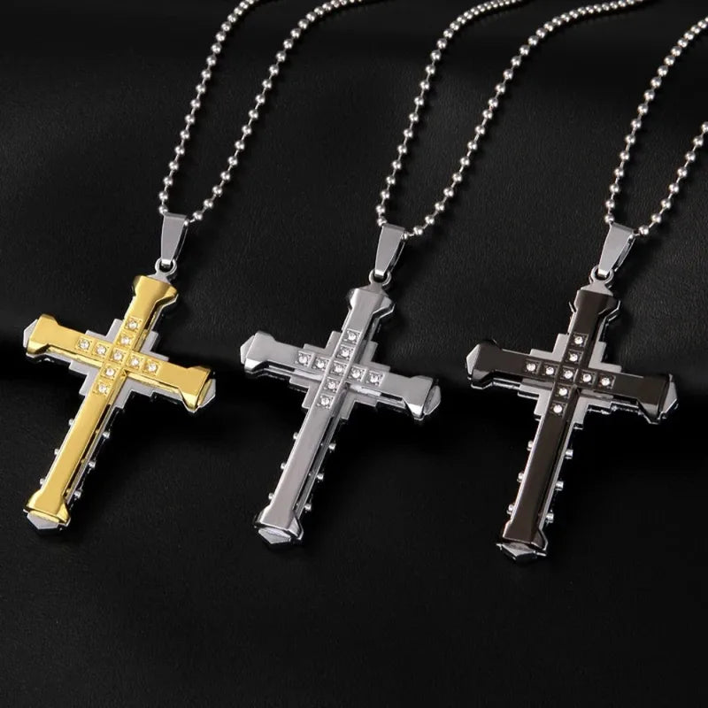 Men's Crystal Cross Pendant Necklace Stainless Steel Jewelry 2024