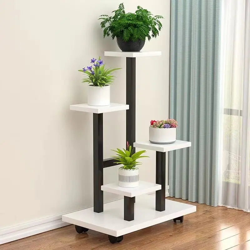 Heavy Duty Multi-Tier Iron Plant Stand with Wheels - Indoor & Outdoor Gardening