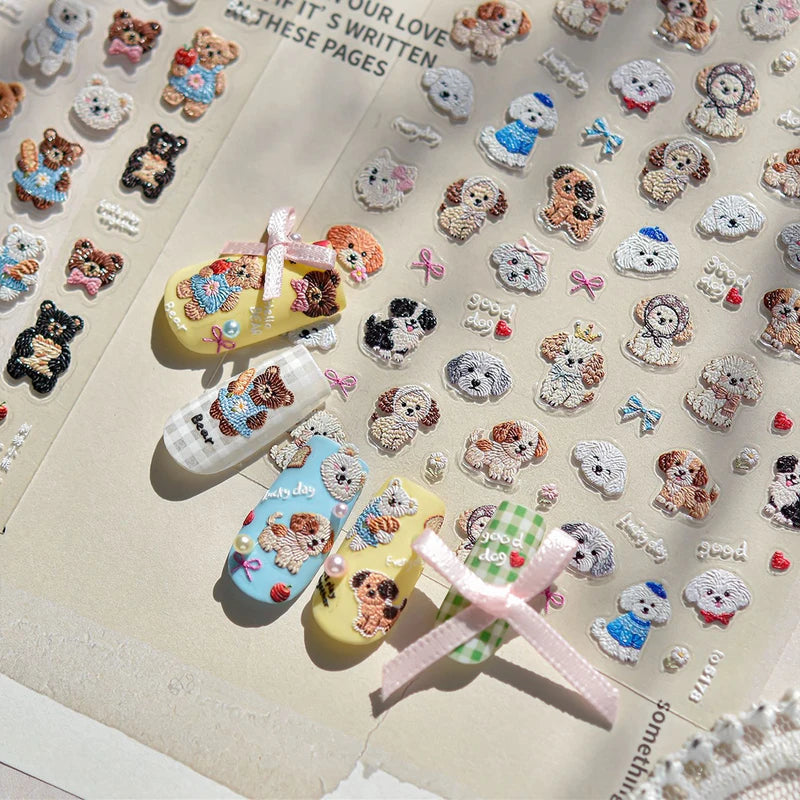 3Pcs Cute Cartoon Nail Art Stickers - Embroidered Kittens, Dogs & Bears