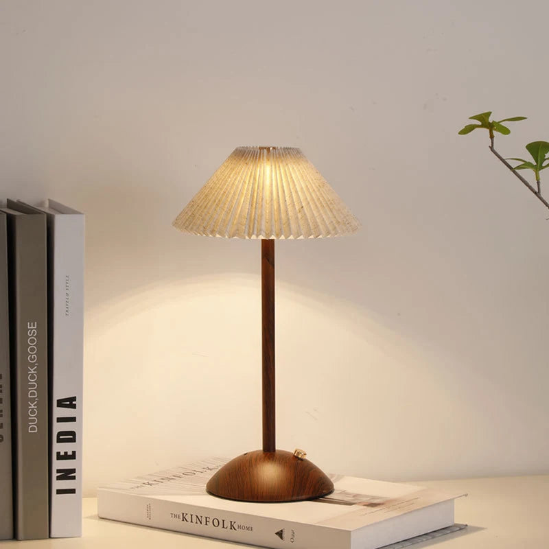 Portable LED Desk Lamp with Wooden Base and Fabric Shade - Rechargeable, Dimmable, Touch Control - Home Office Bedside