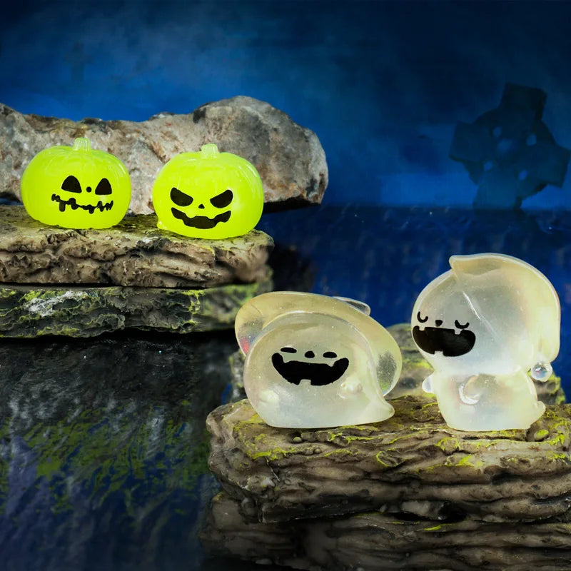 12pcs Mini Luminous Halloween Figurines - Cat Ghost Pumpkin Bat Skull Glow in Dark Micro Landscape Decorations