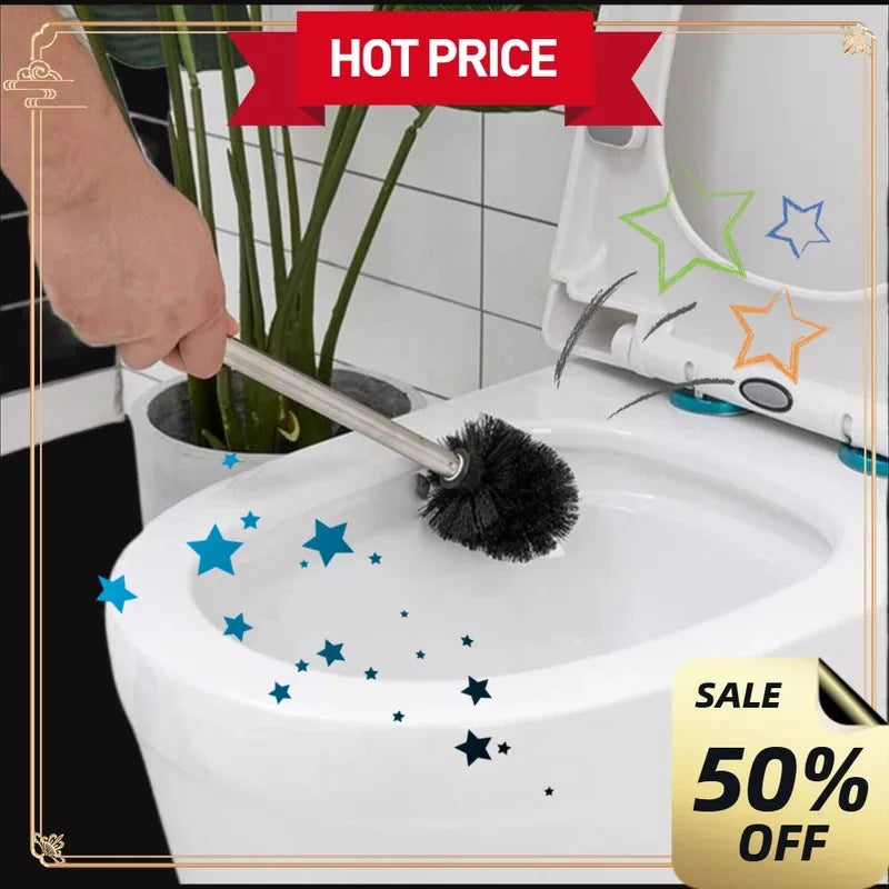 Stainless Steel Handle Toilet Brush Set with Wall-Mounted Storage Rack - Dead Corner Bathroom Cleaner