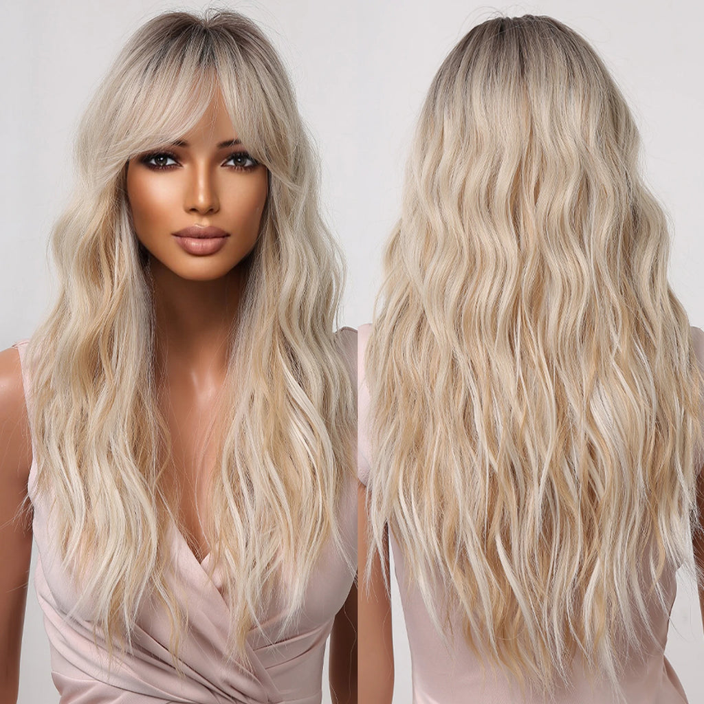 Ombre Brown Blonde Long Straight Synthetic Wig with Bangs for Women - High Temperature Fiber Cosplay Hair