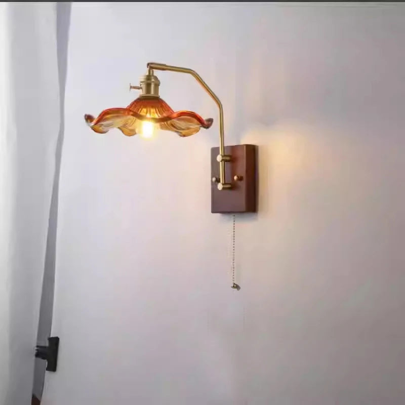 Wood Copper LED Wall Light Indoor Lamp with Pull Chain Switch for Bedroom & Living Room