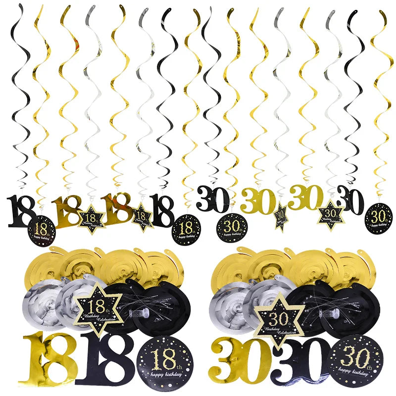 8pcs Ceiling Hanging Decor Spiral Garland Party Decorations - Black & Gold