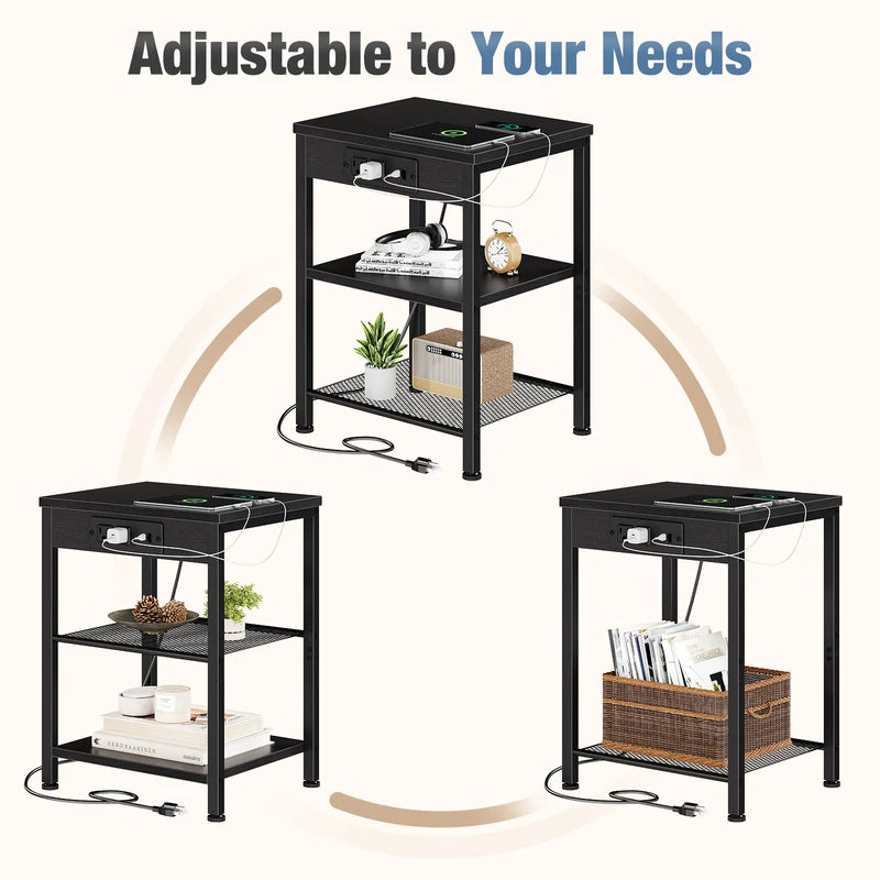 3-Tier Small Side Table with Charging Station - Adjustable Nightstand for Living Room & Bedroom