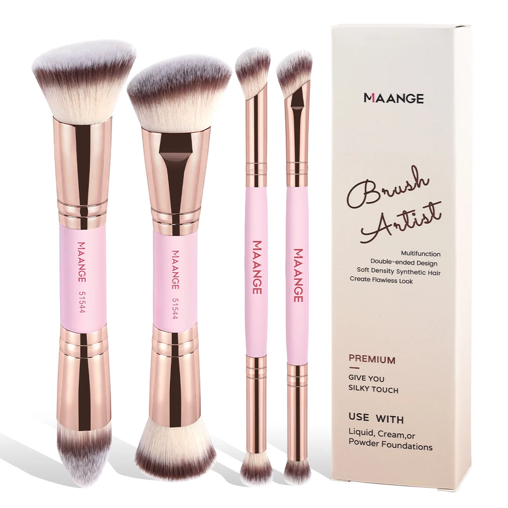 4pcs Makeup Brush Set with Storage Box - Dual-Ended Foundation & Powder Brushes for Face & Eyes - Travel Friendly