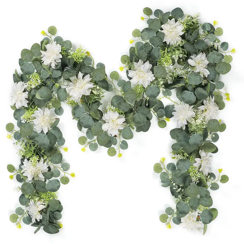 Artificial Garland with Eucalyptus and Dahlia Flowers for Wedding & Party Decor