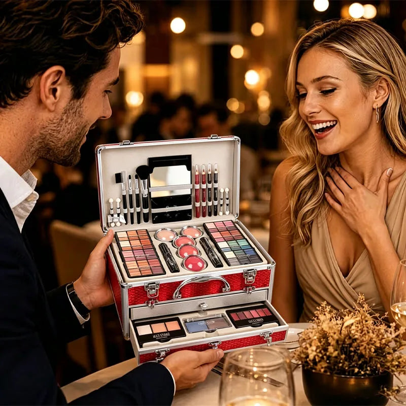 All-in-One Makeup Set with 106 Shades & Tools - Gift Box for Beginners & Teens (Red)