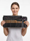 Professional 32-Piece Makeup Brush Set with Wooden Handles & PU Storage Bag