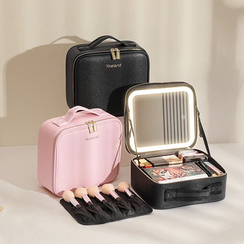 Travel Makeup Train Case with LED Lighted Mirror, Adjustable Dividers & 3 Light Settings