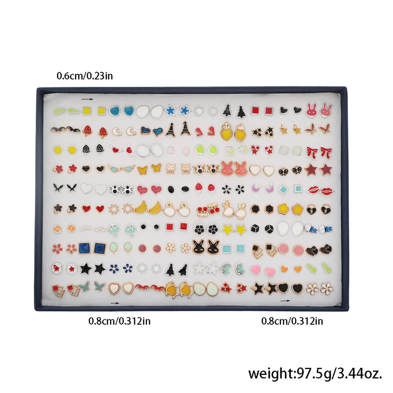 100 Pairs Small Stud Earrings Set for Women Geometric Star Animal Party Jewelry