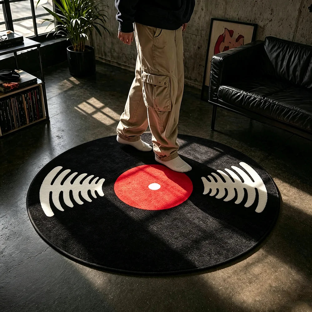 Music-Themed Vinyl Record Round Rug - Retro Bedroom Floor Mat, Washable Home Decor