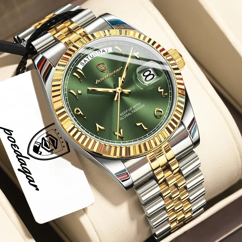 Men's Waterproof Stainless Steel Quartz Wristwatch with Date and Week Display