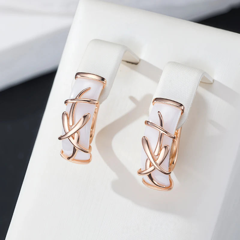 White Ceramic Drop Earrings for Women - 19x7mm Rose Gold Jewelry