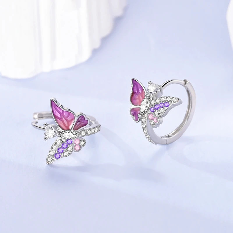 925 Silver Pastel Violet Sparkling Bowknot Hoop Earrings for Women Gift