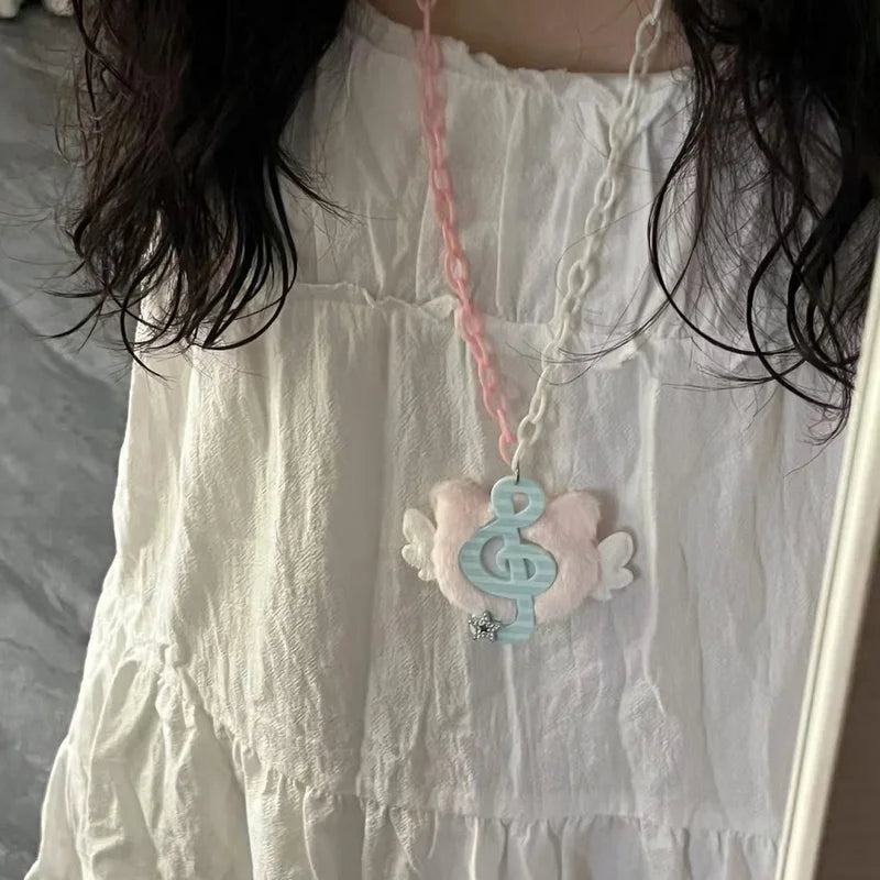 Y2K Harajuku Angel Cat Necklace with Plush Dotted Pendant - Subculture Style