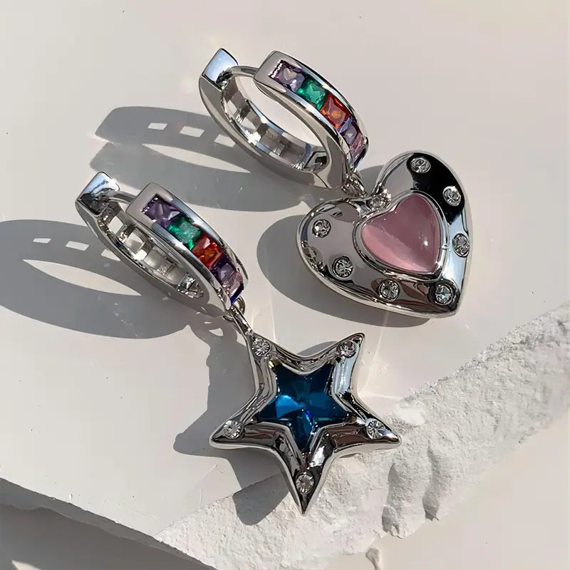 Romantic Heart Star Copper Zirconia Pendant Earrings for Women Unisex Jewelry