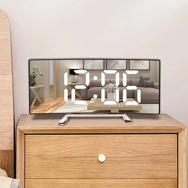 Large Mirror LED Alarm Clock with Silent Operation - Modern Curved Design, Desktop Clock for Living Room & Bedroom