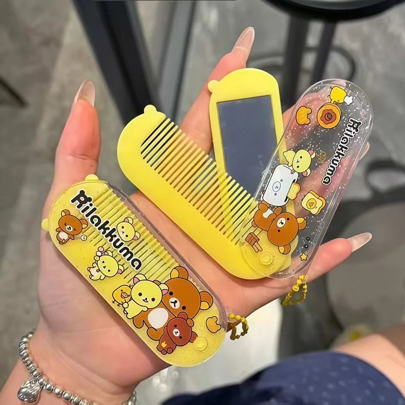 Cute Rilakkuma Folding Comb Mirror Set for Girls - Portable Hair Brush & Massage Tool