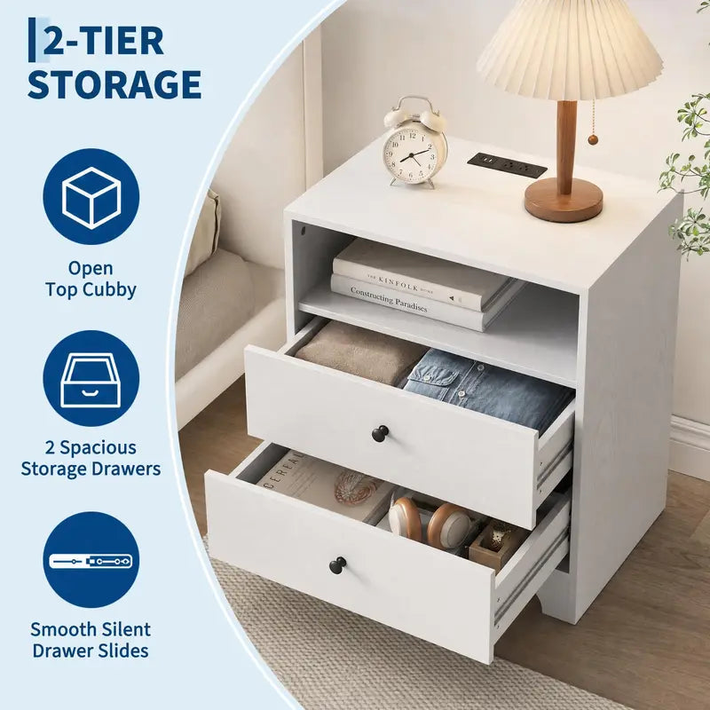 Set of 2 Nightstands with Charging Stations - Modern Wood End Tables for Bedroom & Living Room