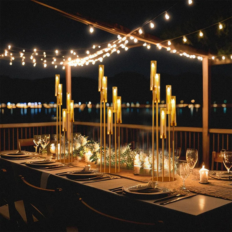 Gold 5-Arm Floor Candle Holders Set with Acrylic Shades for Weddings & Events