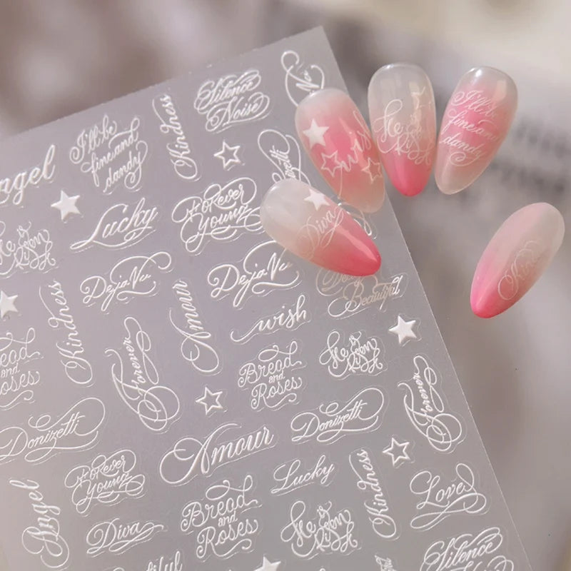 Retro Cursive Letter Nail Decals Set - 5D Vintage Nail Art Stickers for Manicure
