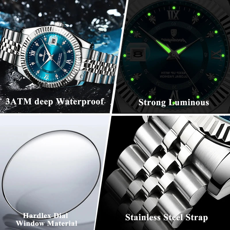 Men's Waterproof Luminous Quartz Wristwatch with Date - Stainless Steel Business & Military Style