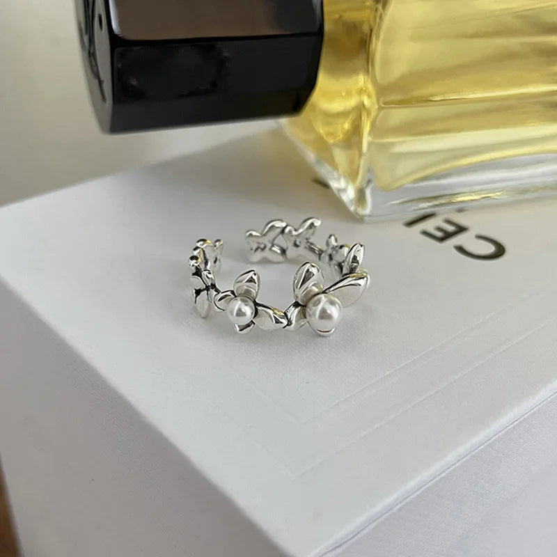 Adjustable Flower Pearl Silver Ring for Women - Elegant Jewelry Gift