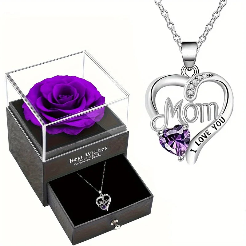 Luxury Soap Rose Gift Box with Purple Rose & Heart Pendant Necklace - Mother's Day Anniversary Gift for Mom