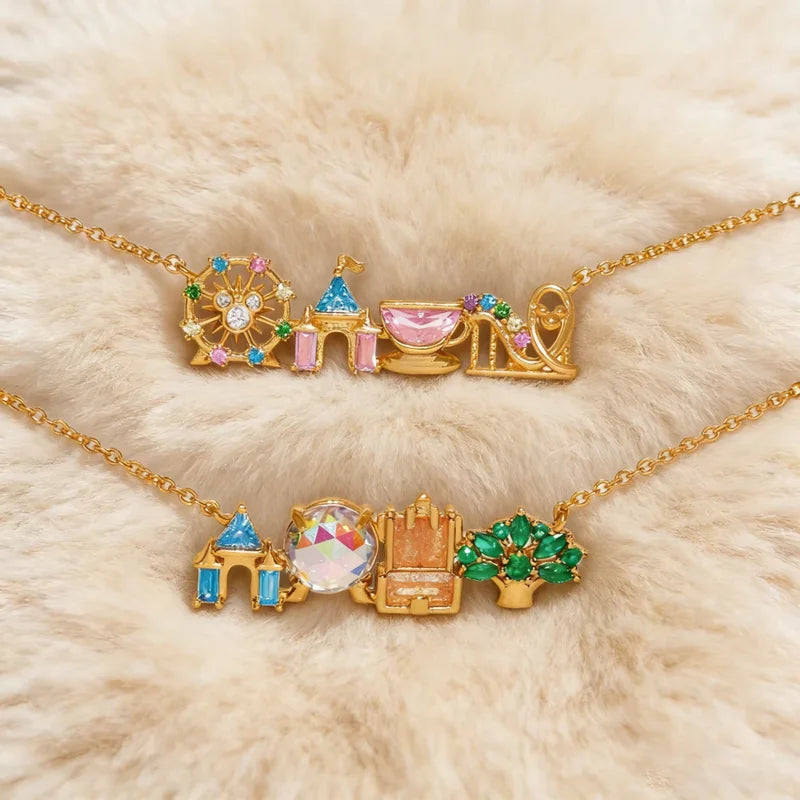 Colorful Zircon Pendant Necklace for Girls - Amusement Park Castle & Vegetable Charm Jewelry Gift