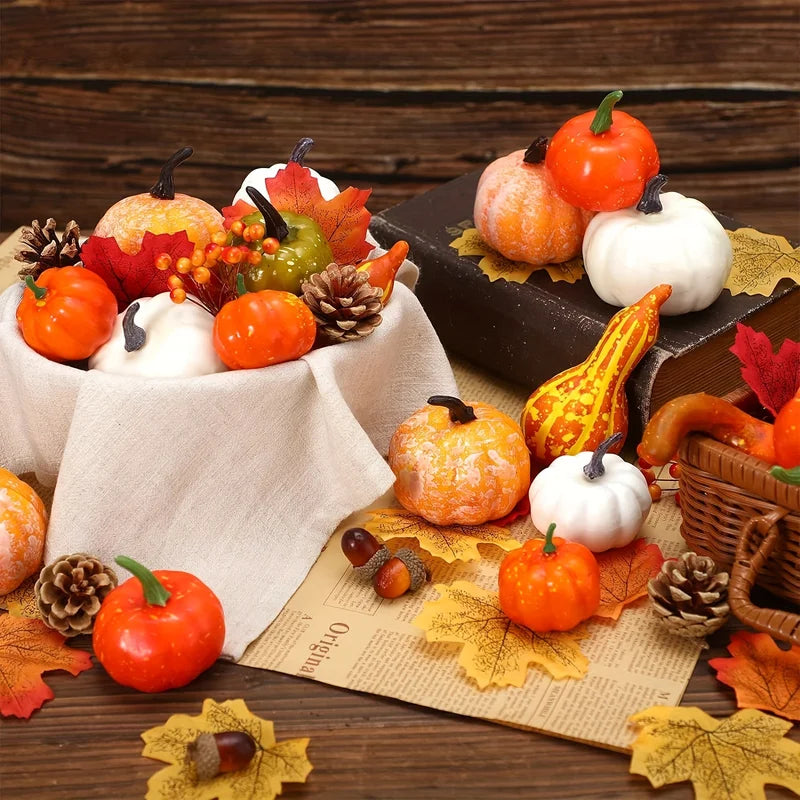 Thanksgiving Artificial Pumpkin Set with Leaves Acorns & Pine Cones for Autumn Decor