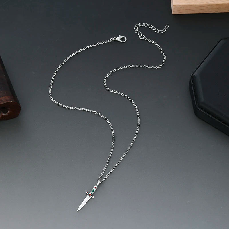 Vintage Silver Sword Pendant Necklace for Women Enamel Flower Dagger Jewelry