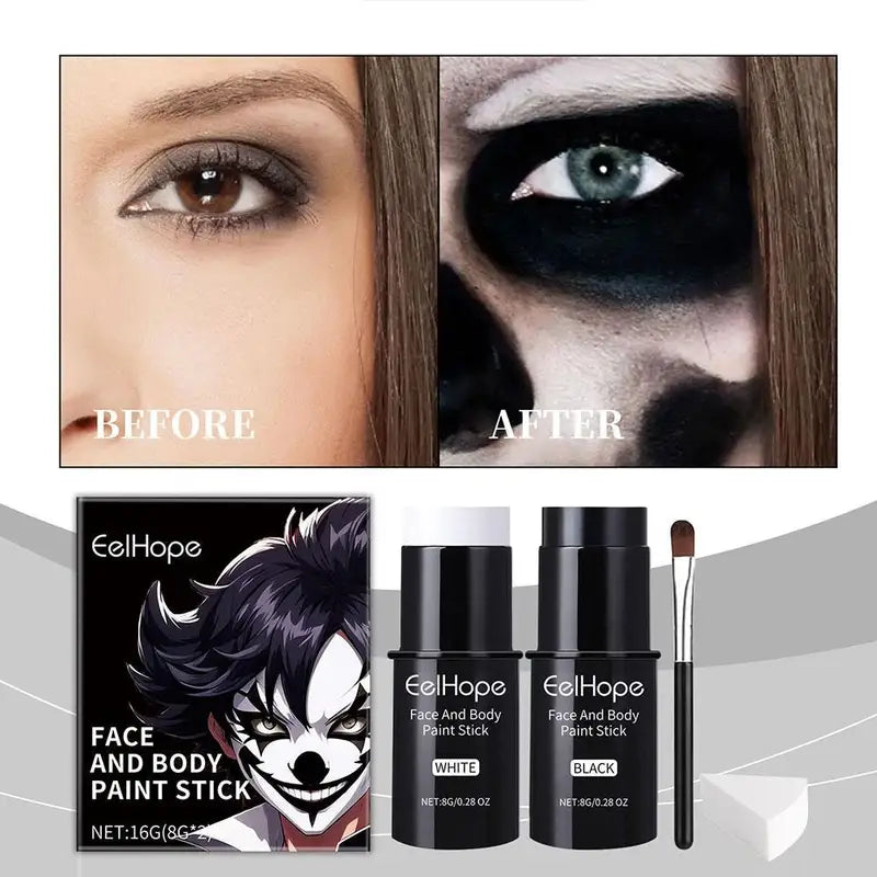 Face Body Paint Kit Black White Waterproof Long Lasting Halloween Makeup Set
