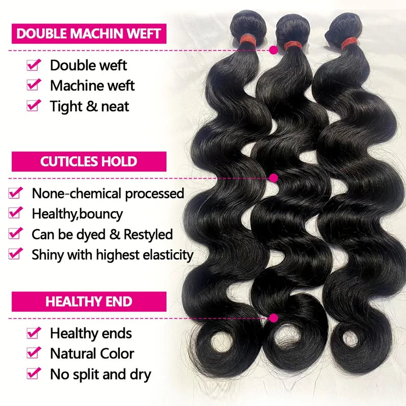 15A Body Wave Human Hair Bundles with Transparent Closure 32 Inch - Natural & Versatile