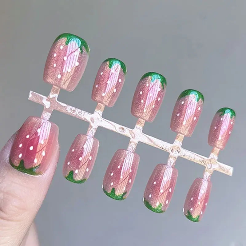 10pcs Short Fake Nails with Strawberry & Cat's Eye Design - Full Cover Press On Nails