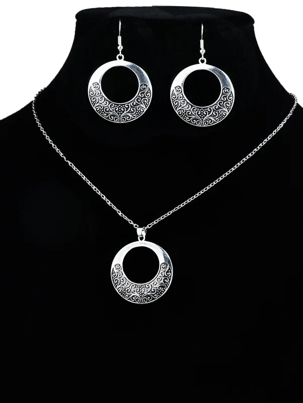 Vintage Ethnic Silver Pendant Earrings Necklace Set for Women - Carved Jewelry