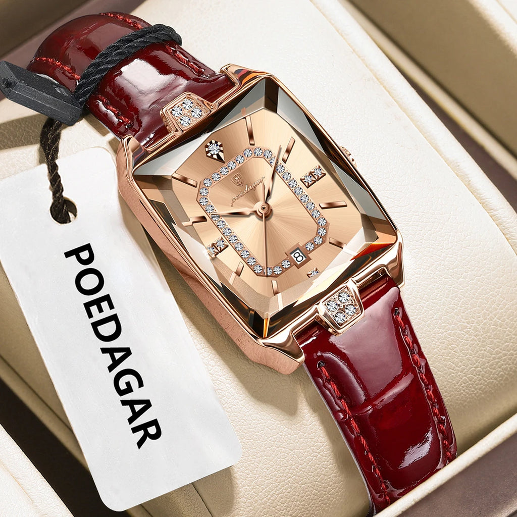 Women’s Waterproof Leather Watch with Date Function - Rectangle Quartz Watch