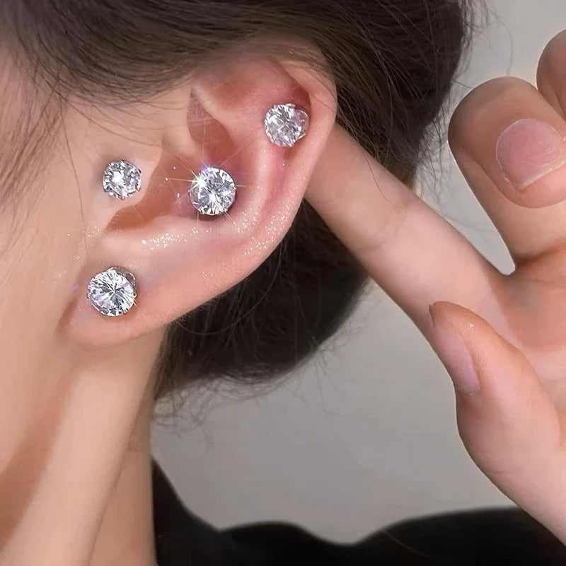Magnetic Ear Clip Non Piercing Jewelry Pack - Unisex Punk Round Zircon Earrings