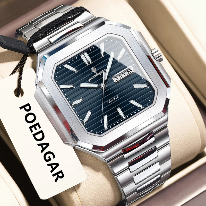 Men's Waterproof Luminous Quartz Wristwatch with Date & Steel Strap