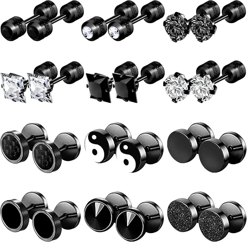 12 Pairs Stainless Steel Stud Earrings for Men Women Hypoallergenic Flatback Set
