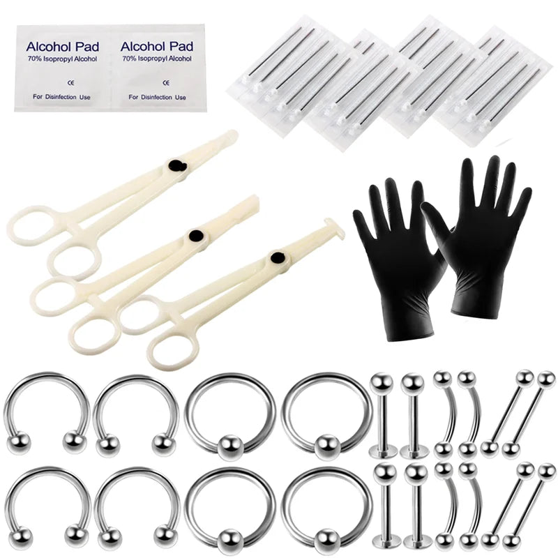 Professional Body Piercing Kit with Needles, Clamp & Gloves - Disposable